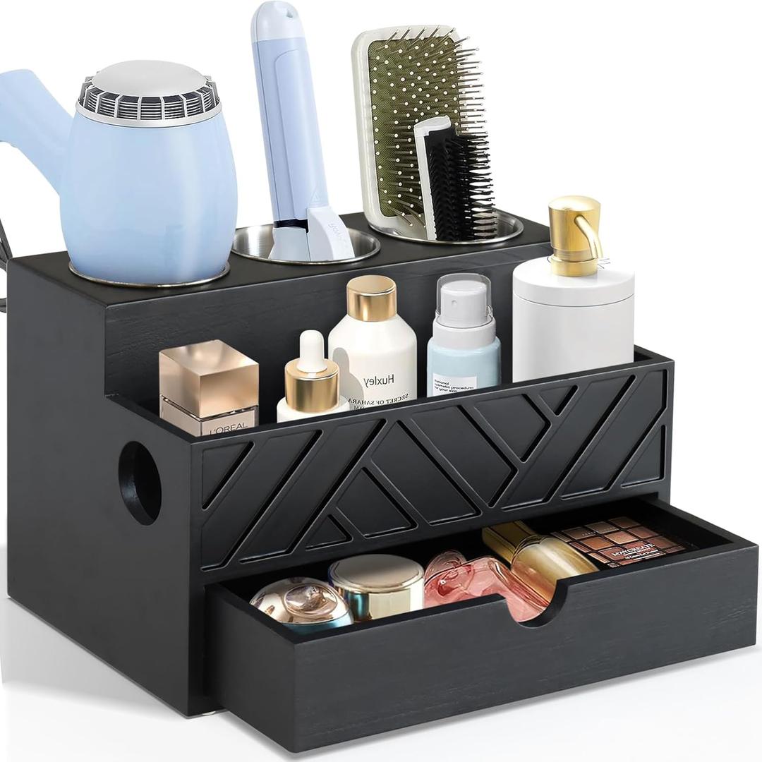 Hair Tool Organizer, Hair Dryer Holder with Drawer, Bathroom Countertop Organizer for Bathroom Accessories, Blow Dryer Organizer for Hair Styling Tools, Vanity Organizer for Bathroom, Vanity, Kitchen, Black 
