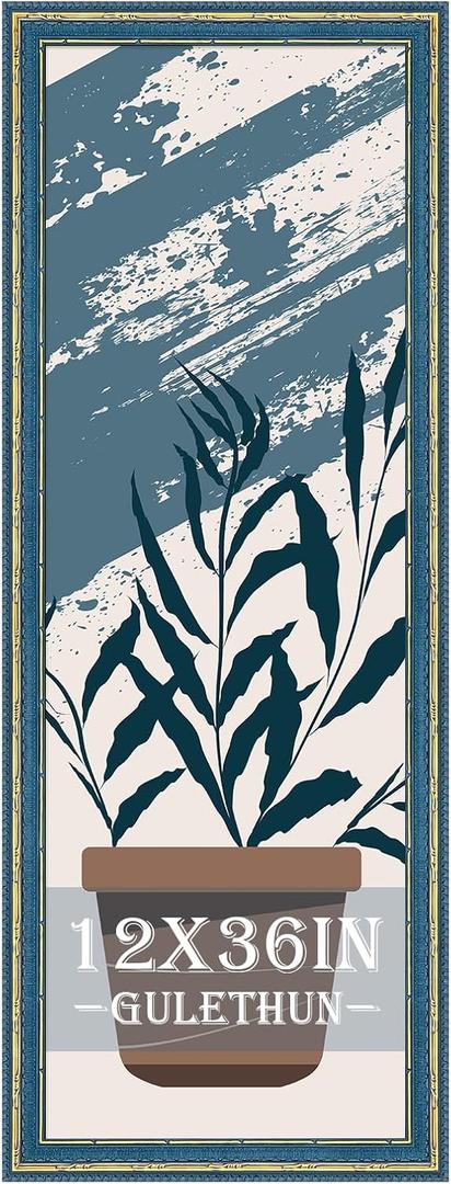 12x36 Picture Frame Blue Gold - Vintage Photo Frame 12 by 36, Retro Home Decor Wall Hanging Gallery Frames, Sturdy, Plexiglass, Antique Ornate Poster Frame for Vertical & Horizontal Display