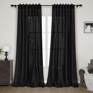 Black Sheer Linen Curtains 90 inch Length for Bedroom Back Tab Rod Pocket Modern Farmhouse Muslin Look Cotton Textured Black Window Curtains 90 inches Long for Dining Room Living Office 2 Panels, 52"W x 90"L
