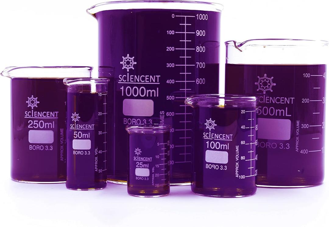 SCIENCENT Glass Beaker Set of 6 Borosilicate Thick Wall - 25ml, 50ml, 100ml, 250ml, 500ml, 1000ml (Set of 6)