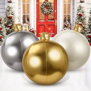 Jetec 3 Pcs 17" Christmas Inflatable Ball Ornament with Glitter Cloth Cover, Large PVC Xmas Blow Up Ornaments Holiday Blow Ball for Yard Outdoor Lawn Porch Decorations (Gold,Silver,White)