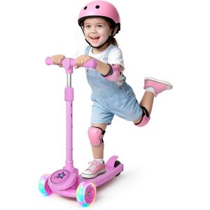 Nattork Kids Scooter for Girls Boys with Light Up Wheels, 3 Adjustable Height Handlebars, Lean-to-Steer Technology, Widen Anti-Slip Deck, 3 Wheel Scooter for kid ages 3-8, Support Riders Up to 110 LBS Pink