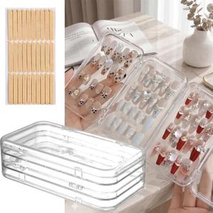 Rovian Press On Nail Book Organizer - 4-Page Clear Fake Nail Storage Box w/Adhesive Tapes, Holds 40+ Sets, Secure Snap-Lock Travel Case, Acrylic Display Holder (63.21.8")