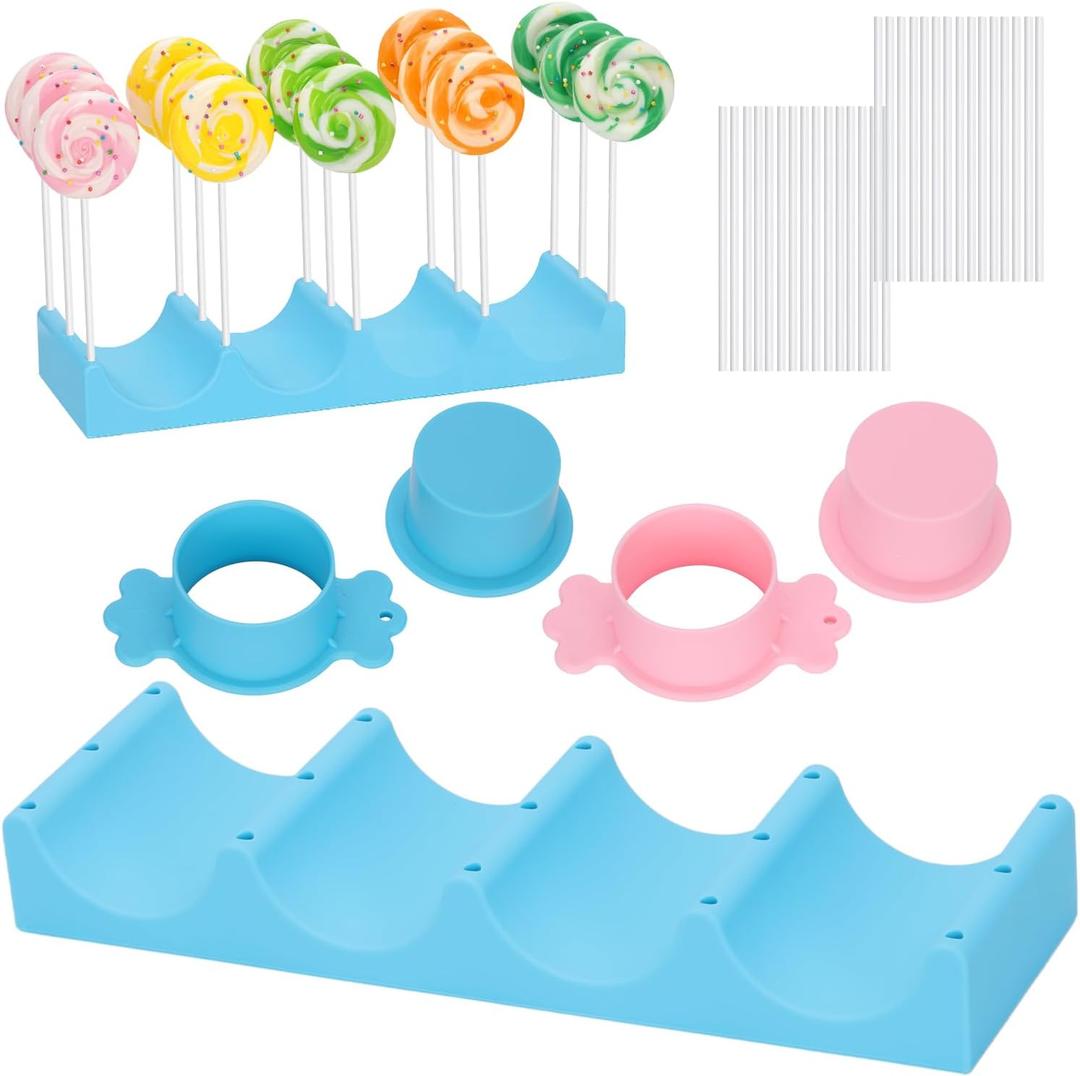 FunisFun Cake Pop Mold Set with 15 Holes Silicone Lollipop Display Stand, 2PCS Cake Pop Cutter & Pusher, Suitable for Party Wedding Birthday Baking Decorating Supplies (Blue&Pink)