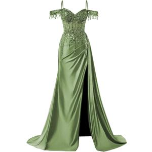 Off Shoulder Sequin Prom Dresses Long 2025 Satin Mermaid Formal Dresses Spaghetti Strap Evening Party Dress with Slit, Olive Size 4