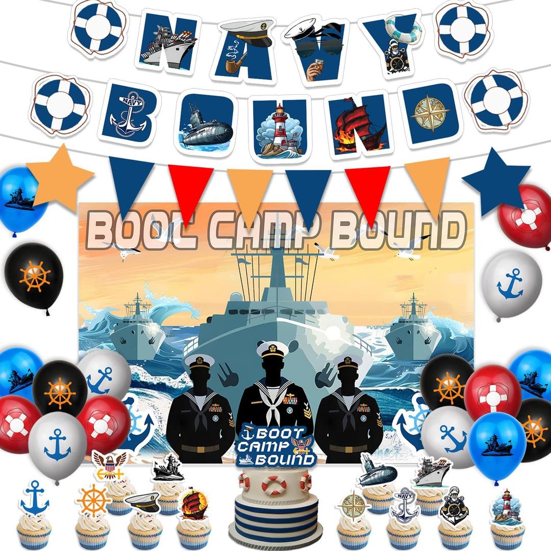 Navy Party Decorations Includes Navy Military Balloons-Navy Bound Banner-Cake Topper-Cupcake Toppers-Boot Camp Bound Backdrop for Military Navy Birthday Decoration