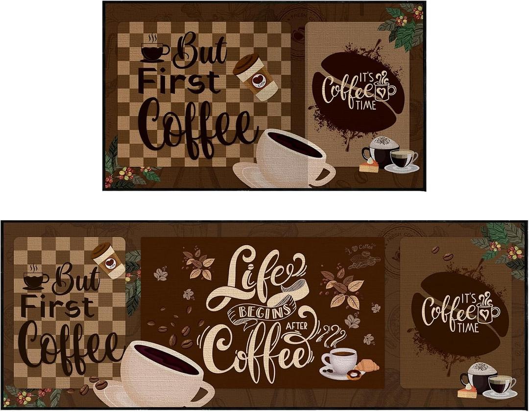 Bencailor 2 Pcs Coffee Kitchen Rugs Non Slip Absorbent Door Floor Mats Coffee Kitchen Decor Welcome Farmhouse Brown Decorative Washable Rugs for Home Indoor 17x30+17x47 Inches (Dark Color)