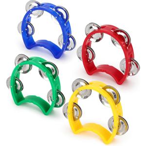4 Pack Plastic Percussion Tambourines, Mini Hand Bell Percussion with 4 Jingle Bells, Hand-held Percussions Musical Instrument for Adults Kids School Birthday Party, 4 Color