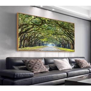 arteWOODS Green Forest Framed Canvas Wall Art Oak Trees Covered Lane Pictures Art Print Green Nature Landscape Artwork Oak Trees Lined Road at Georgia, Natural Wood Frame, Ready to Hang, 20" x 40"