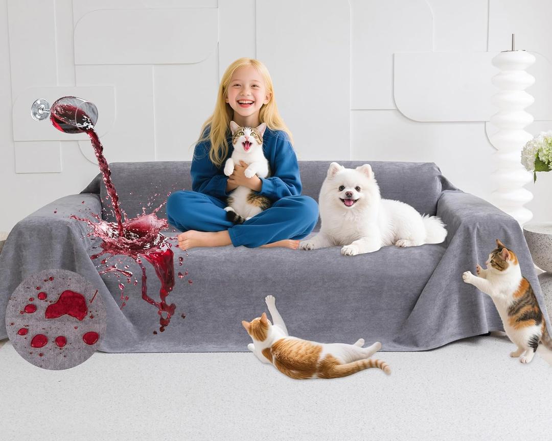 Loiion Couch Covers for 3 Cushion Couch, Gray Cat-Scratch Resistant Sofa Cover Pets Dogs Friendly Anti Slip Thickened Slipcovers Furniture Protector, Couch Protector for Pets and Kids 150"X71" (Grey)