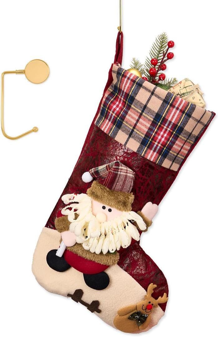 1 Pack Jumbo 3D Christmas Stockings with Golden Hooks, Extra Large 18'' Xmas Socks for Fireplace Mantel Decor, Holiday Hanging Stockings Set for Gifts (Plaid Santa)