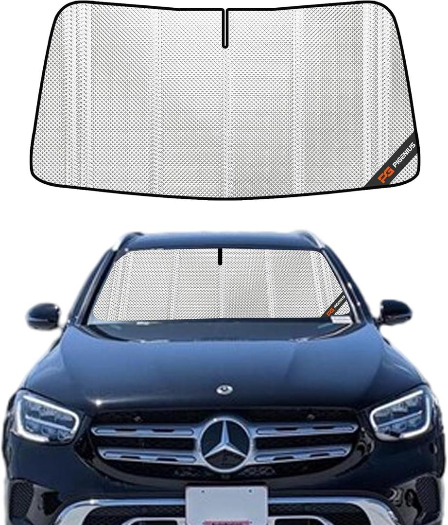 Windshield Sun Shade for Mercedes-Benz GLC 2016-2022. Full Coverage Rearview Mirror Shade for Ultimate Protection (Shiny Silver (Upgrade))