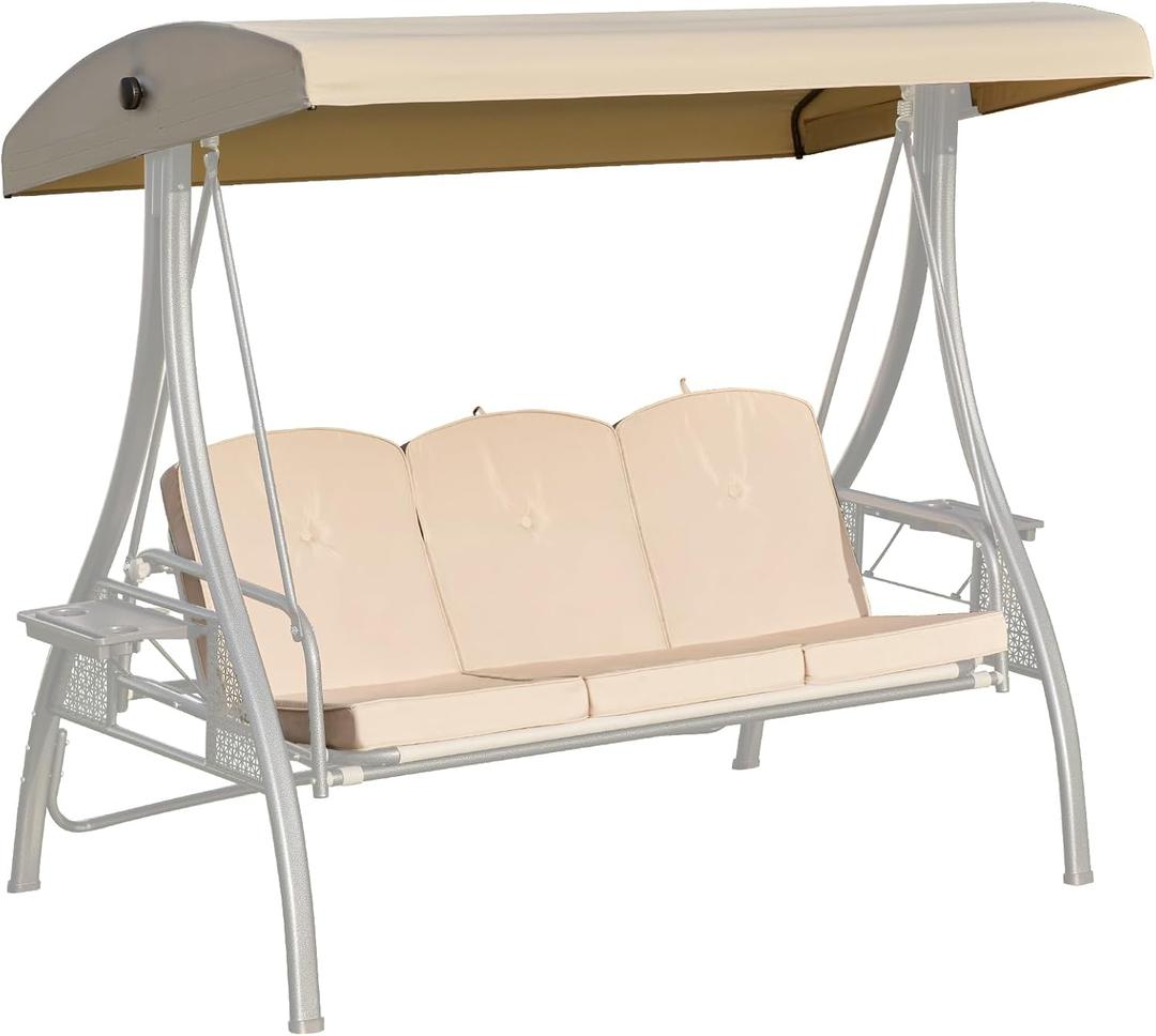 Outdoor Porch Swing Cushions 3 Seater with Swing Canopy, Replacement Cushions for Outdoor Swing, Patio Swing Cushion 25D Foam (Khaki)