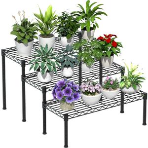 Xiofio 3 Tier Ladder Potted Multiple Plants For Indoor And Outdoor Plant Stands, Adjustable Shelves And Multifunctional Plant Racks Suitable For Living Room, Balconies And Gardens (Black)