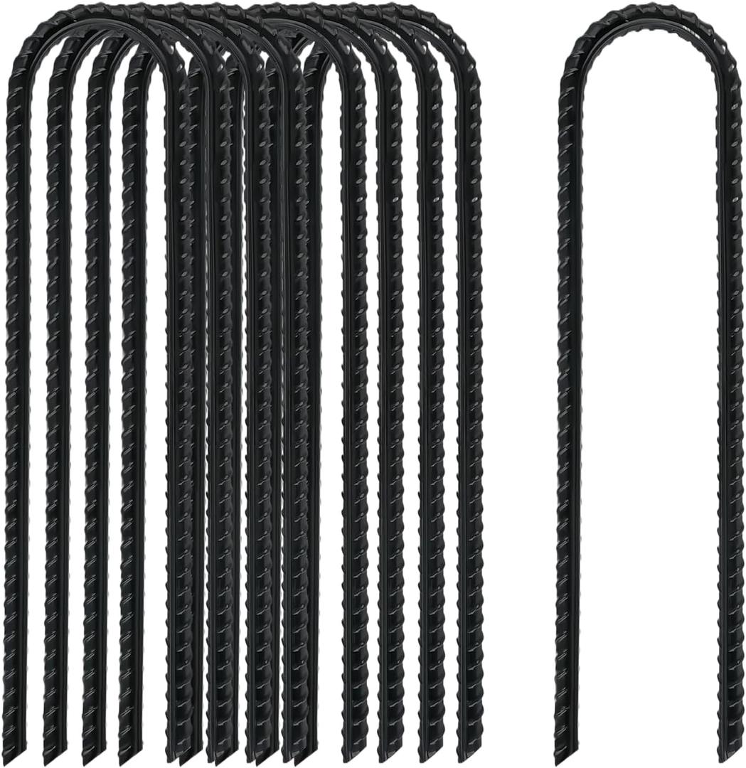 8 Inch Rebar Stakes Heavy Duty, 10 Pack Garden Stake U-Hook, Electrostatic Rust Proof Metal Stakes for Tent, Landscape,Outdoor Decorations, Fabric Ground Cover, Tube Fixing (Black)