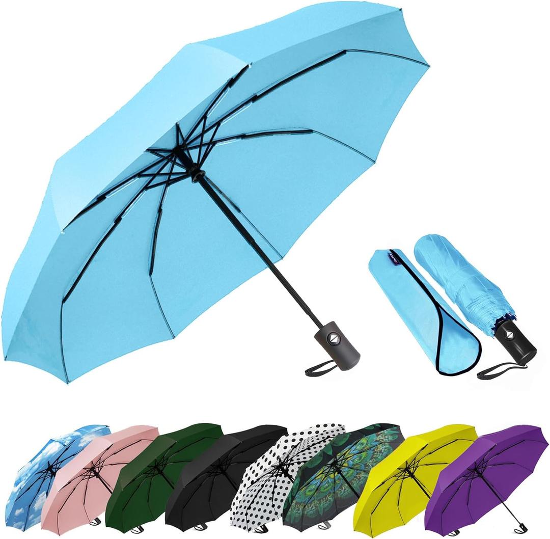 SIEPASA Windproof Travel Compact Umbrella-Automatic Umbrellas for Rain-Compact Folding Umbrella, Travel Umbrella Compact, Small Portable Windproof Umbrellas for Men Women Teenage (Light Blue) (42 Inch)