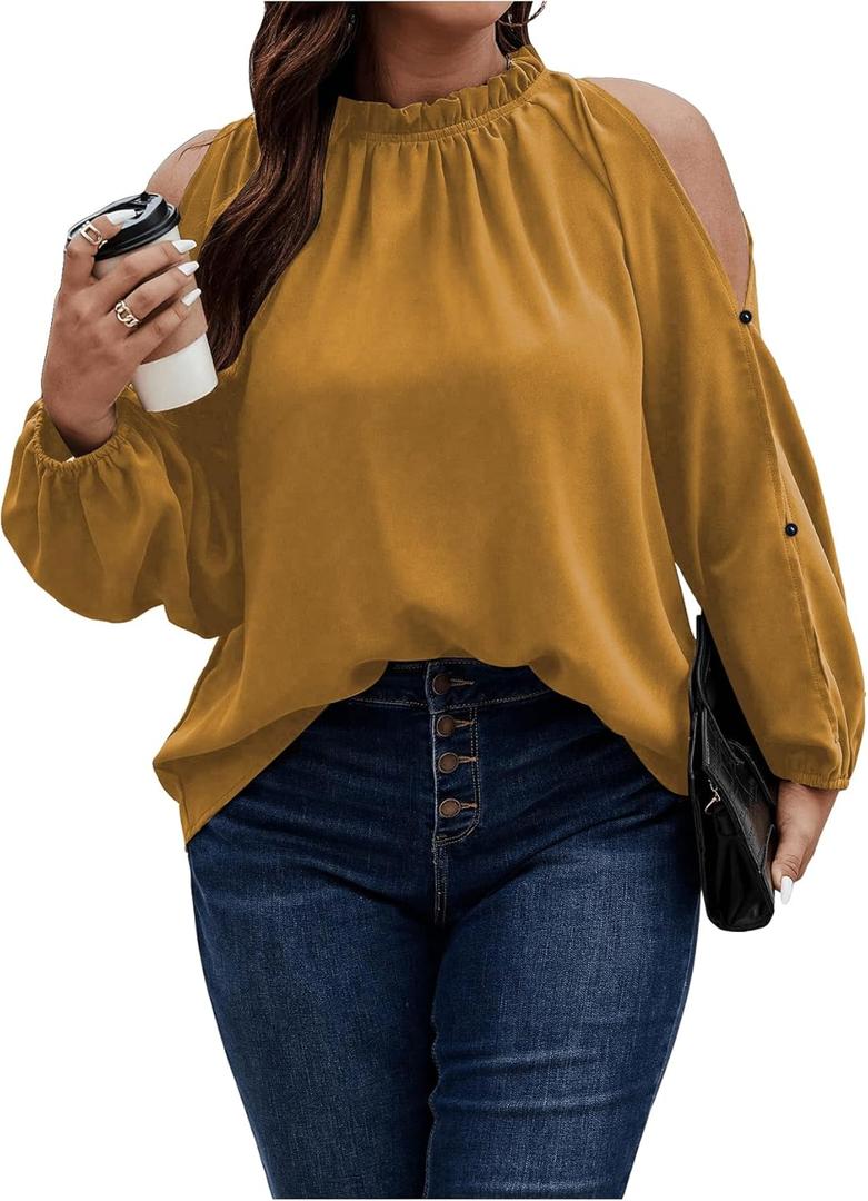 Floerns Women's Plus Size Cold Shoulder Long Sleeve Mock Neck Loose Blouse Top (Yellow, XXXL)
