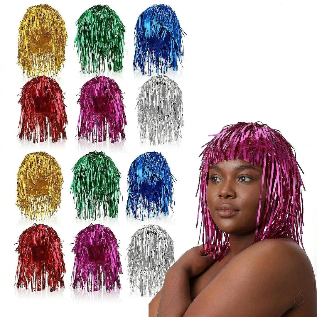 Veemoon 12 Packs Tinsel Party Wigs, Foil Wig Funny Shiny Cosplay Party Set Tinsel Party Supplies for Party Festival Costume Photo Props Men Women, Short Hair