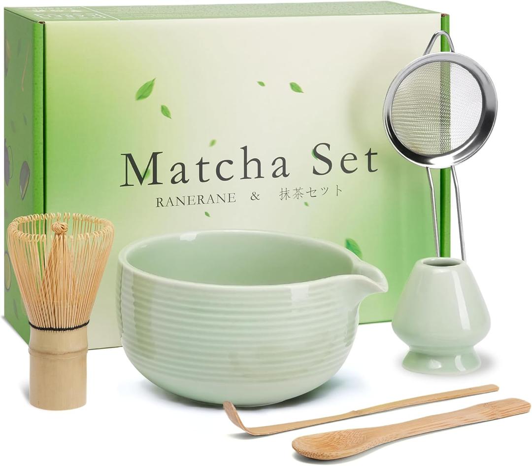 Matcha Whisk Set, Line Cyan Ceramic Matcha Set Includes Matcha Bowl, Matcha Whisk (Chasen) and Holder, Sifter, Bamboo Scoop & Spoon - 6 Pcs Matcha Kit for Matcha Lovers