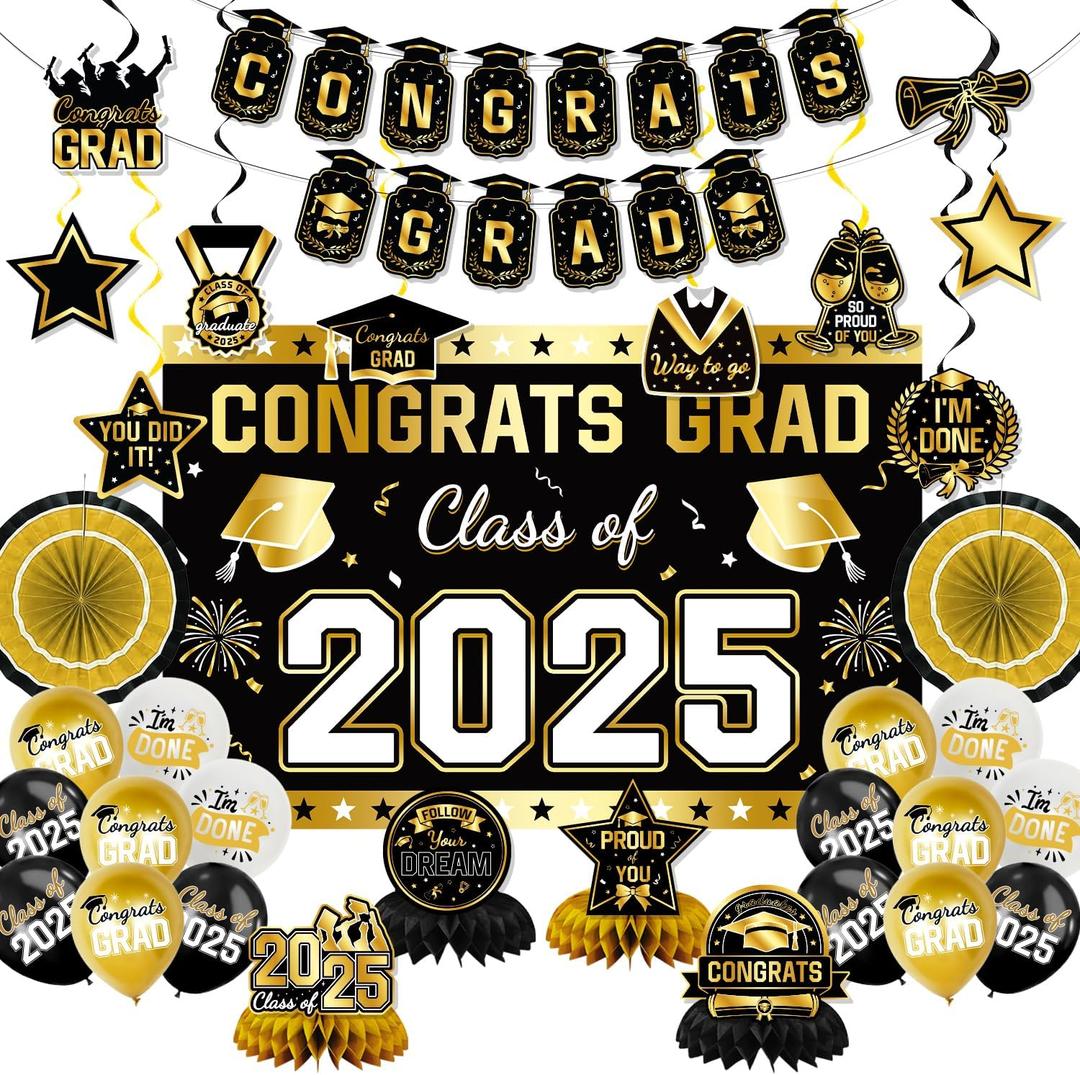 2025 Graduation Party Decorations Banner, Backdrop, Balloons, Hanging Swirl, Hanging Round Paper Fans and Graduation Honeycomb For Party (Gold)