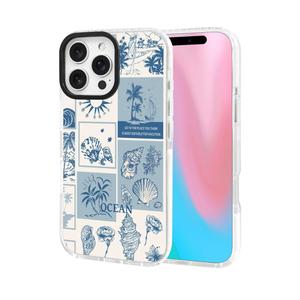 ChiCsFleur for iPhone 16 Pro Max Case, TPU Phone case with Camera Protection for Women Girls Teens - Blue Coastal Holiday Palm Shell Sailor Moon Collage Ocean Gift Vintage Sorority Aesthetic Unique