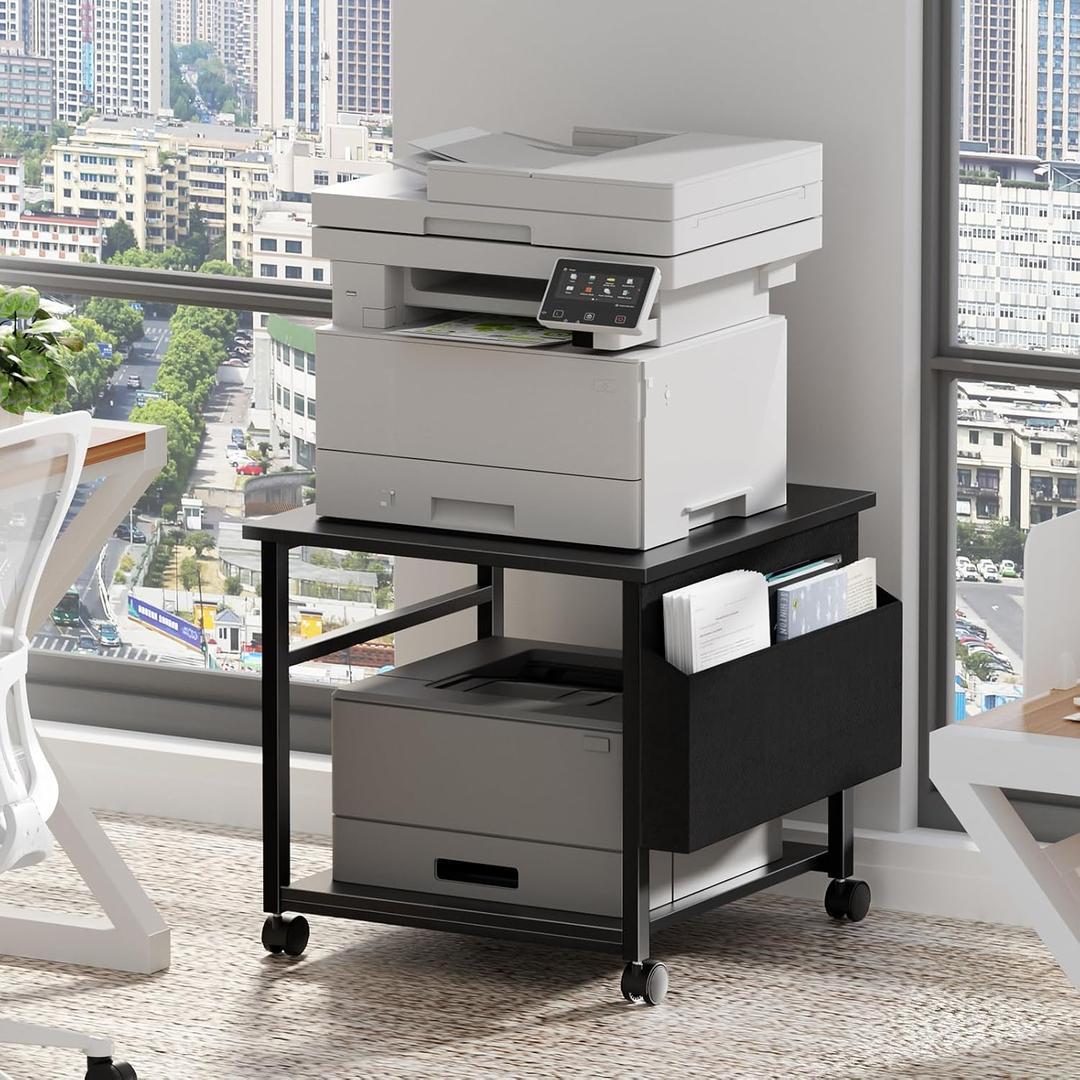 Lerliuo Black Large Printer Stand with Storage | 23.6" W x 23.6" D x 22.8" H Printer Table for Home Office, Rolling Printer Cart Holder with Lockable Wheels & Side Pocket