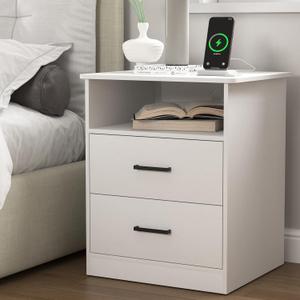 Night Stand with Charger Station, Modern Nightstand with USB Type-C Ports and AC Outlets, Large Bedside Table with 2 Drawers and Open Storage, Wooden End Table for Bedroom (White, 2 Drawers)