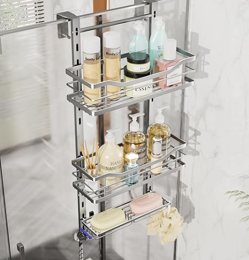 SWTYMIKI Over the Door Shower Caddy - 3 Tier Adjustable Shower Organizer Hanging with Soap Holder, No Drilling Stainless Steel Bathroom Rack Hanging for Body Wash, Shampoo, Soap, Razor, Silver