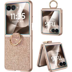 Caka Bling Case for Motorola Razr+ (Plus) & Razr Ultra 2025 Case, with Finger Ring Holder & Built-in Screen Protector, Slim Thin Protective Phone Cover for Razr+ & Ultra 2025 - Rose Gold