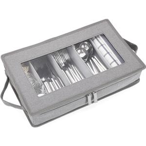 Flatware Utensil Storage Case, Grey Silverware Storage Box Chest with Adjustable Dividers, Removable Cutlery Storage Holder with Zipper Lid for Organizing Spoon/Flatware/Knives (15.7" W X 9.8" D X 2.8" H)