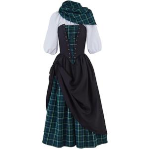 Saniplaycos Traditional Scottish Plaid Dress Highland Renaissance Costume Reenactment Christmas Gown Retro Tartan Dress (Small, Black)