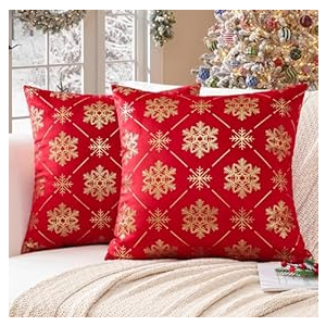 Ohok Set of 2 Christmas Velvet Pillow Covers Hot Foil Stamping Pattern Throw Pillow Covers for Farmhouse Home Decor Sofa Couch Bed Bedroom Living Room (Gold Elk Beige, 16x16-Inch)
