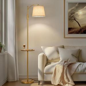 AIDENOEY Fully Dimmable Floor Lamp for Living RoomStanding Lamp Rotary Switch with Table&Linen Beige ShadeGolden Tall Lamps for Bedroom with Adjust Head9W LED Bulb Included