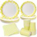 PCLMLES 96Pcs Yellow and White Gingham Plates and Napkins and Cups Plaid Paper Plates for 24 Guest Picnic Wedding Baby Shower Tea Kids Birthday Party Supplies Decrations
