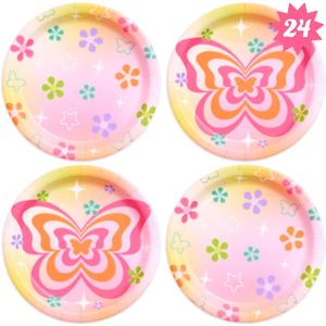 xo, Fetti Groovy Y2K Paper Plates, 2 Designs | 24 pcs 9" | Butterfly Kids Party Decorations, Girls Bachelorette Supplies, Rainbow Birthday Tablescape, Pastel Flower Decor