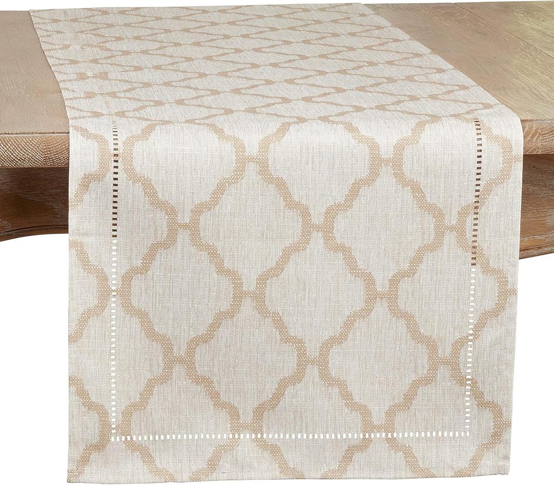 SARO LIFESTYLE Marrakesh Collection Laser-Cut Hemstitch Runner, 16"x90", Taupe