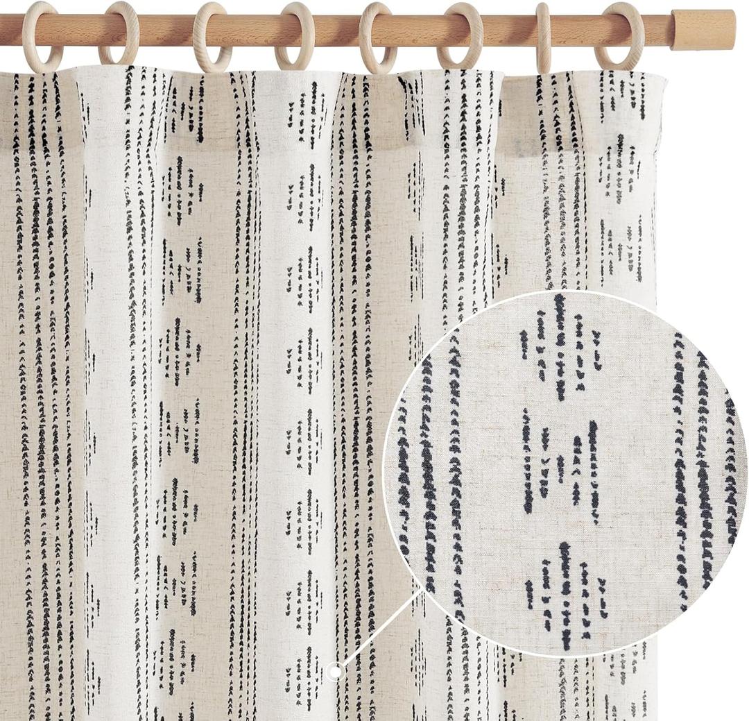Jinchan Boho Linen Blend Curtains for Living Room & Bedroom - Black 90" Long Geometric Light Filtering Drapes with Rod Pocket (50"W x 90"L (Pack of 2), Back Tab| Black on Flax)