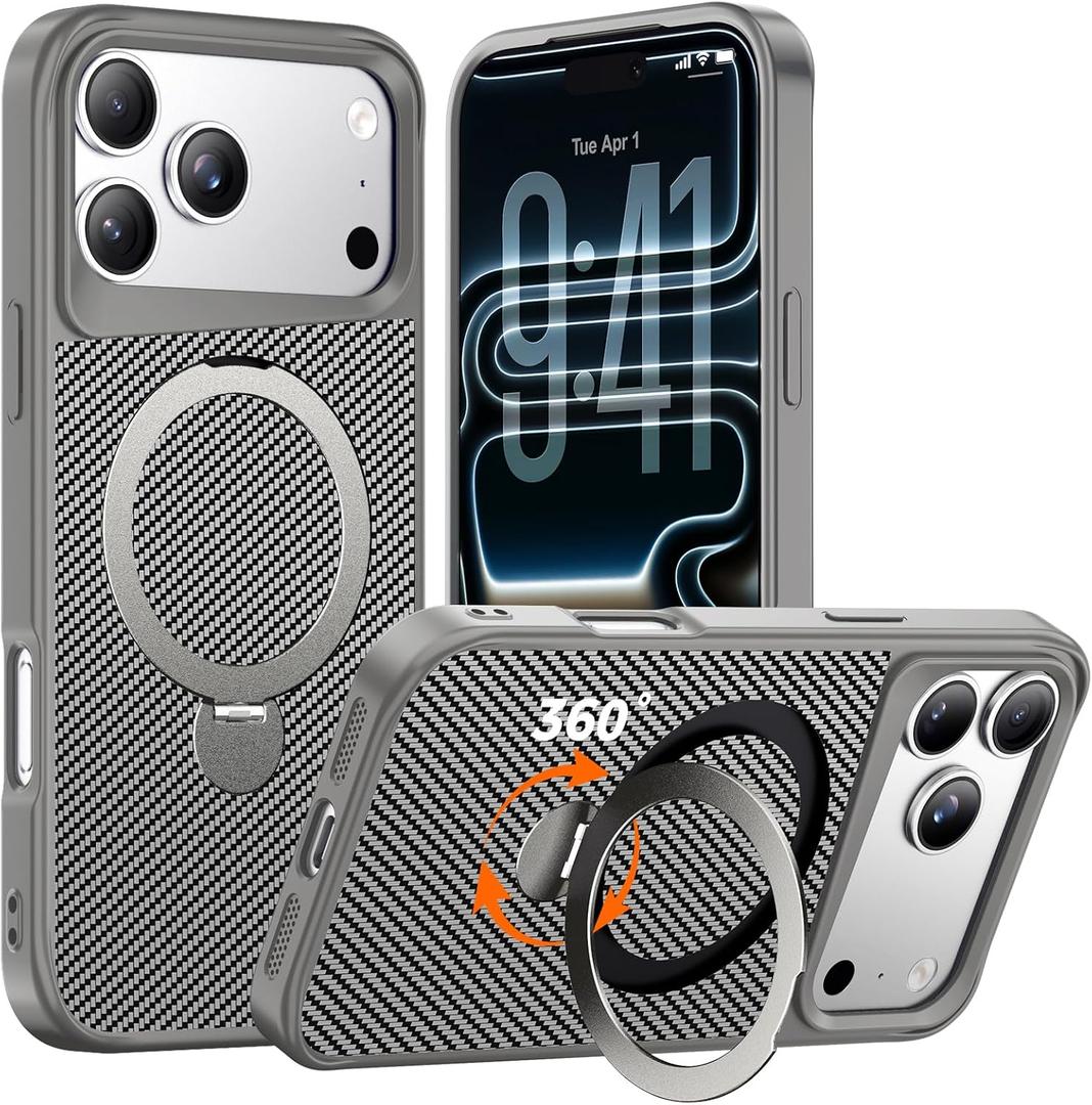 Designed for iPhone 17 Pro Max Case with 360 Magnetic Stand, Carbon Fiber Phone Case [Compatible with Magsafe] [15FT Military Protection] with Stand Ring 6.9'', Natural Titanium