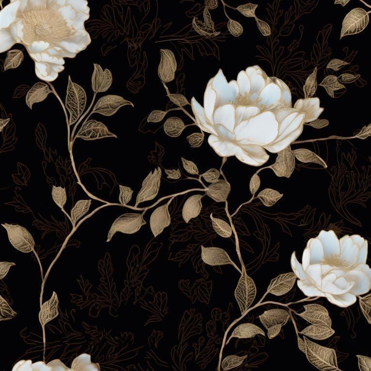 Black Golden Floral Peel and Stick Wallpaper Flowers Contact Paper 17.5" x 393" Self Adhesive Waterproof Vintage Dark Floral Wall Paper for Shelf Liner Cabinet Decor