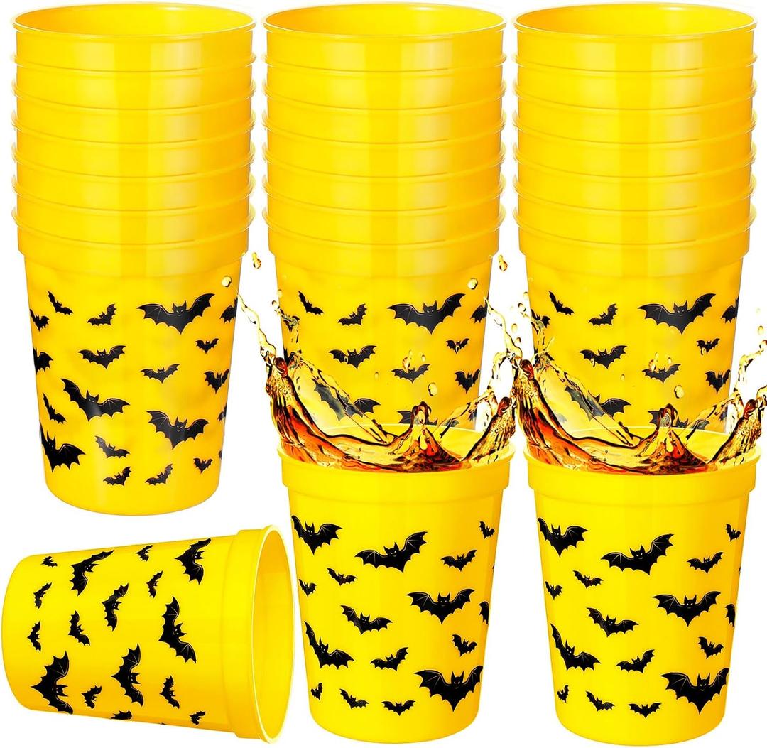 24 Pack Bat Party Favor Cups Plastic 16 oz Birthday Party Decorations Disposable Black Yellow Bat Design Drinking Cups for Adults Birthday Favors Supplies Decorations