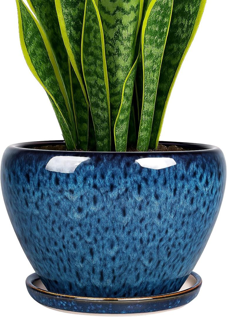 Deep Dream 8 Inch Plant Pots - Ceramic Pots for Plants with Drainage Hole and Saucer, Large Planter Pot for Indoor Plants Outdoor Decor, Blue
