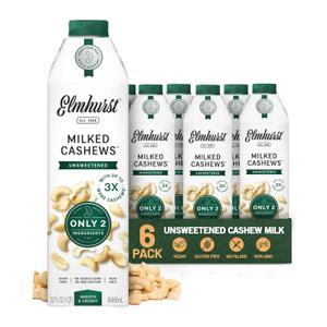 Elmhurst 1925 Cashew Milk Unsweetened - 32 Ounce (Pack of 6) Dairy-Free, Gluten-Free, Vegan, Kosher, Shelf Stable Milk Made with Water & Cashew for Healthier, Simpler Plant-Based Alternatives