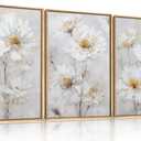 Aryroi Modern Chinoiserie White Daisy Floral Framed Canvas Wall Art Set,Watercolor Natural Beige Wildflower Wall Decor,Textured Minimalist Flower Botanical Artwork for Living Room,Farmhouse-24 x36 x3
