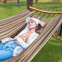 SUNCREAT Hammocks Double Hammock with Curved Spreader Bar, Outdoor Camping Portable Hammock with Carrying Bag & Tree Straps for Patio, Backyard, Balcony, Max 450lbs Capacity, Brown