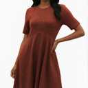 Ulovmi Women's Summer Casual Flowy A-Line Dresses Short Sleeve Ribbed Knit Swing Dress T-Shirt Sundress with Pockets (Orange, L)