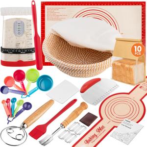 TomCare Sourdough Starter Kit 42 oz Large Glass Starter Jar 10 inch Round Bread Proofing Basket Silicone Baking Mat Tools 10pcs Bread Bags Complete Sourdough Bread Baking Supplies Gifts for Bakers