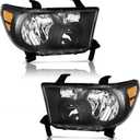 For 2007-2013 Toyota Tundra (Fits Models WITHOUT Level Adjuster Only) Headlights Replacement For 2008-2017 Toyota Sequoia (Fits 12-14 Sequoia Models WITHOUT Headlight Washer Only) (Clear Lens I Black Housing I Amber Reflector)