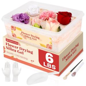 Silica Gel Flower Drying 6LBS, Flower Drying Silica Gel Crystals<1mm, Silica Gel for Drying Flowers, Reusable Color Indicating, Flower Drying Kit, Box, Brushes, Gloves & Scoop, Wedding DIY