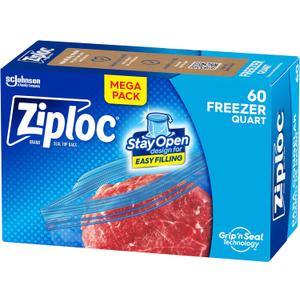 Ziploc Quart Food Storage Freezer Bags, Stay Open Design, Easy to Fill, 60 count 