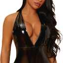 WDIRARA Women's Deep V Neck Sleeveless PU Leather Skinny Bodysuit Halter Top 4XL